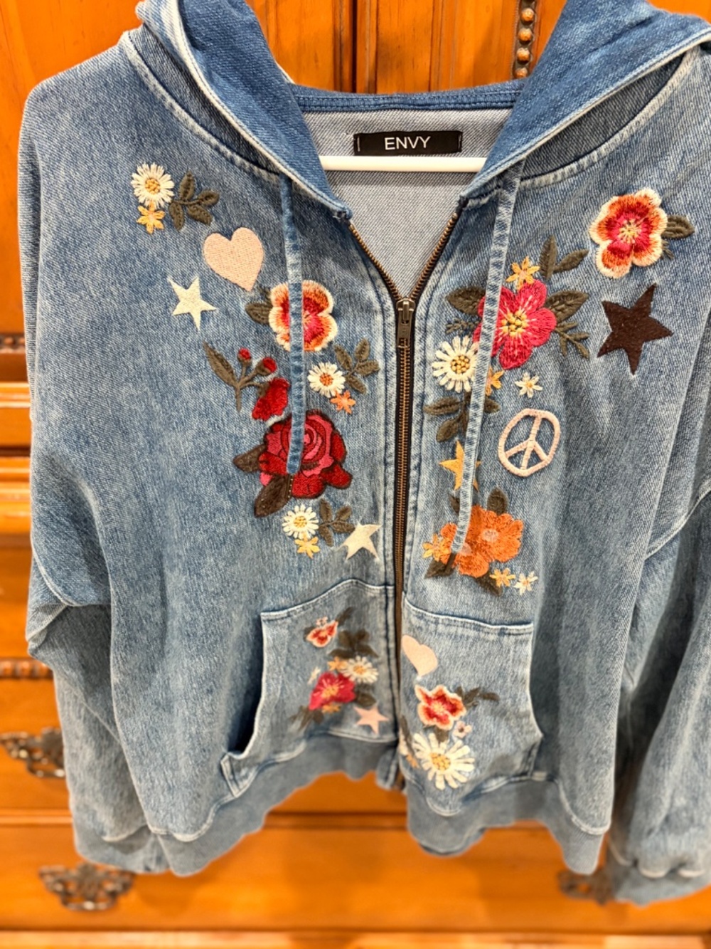 Camp Peace Floral Embroidered Denim Hoodie / Jean Jacket - Picture 3 of 4